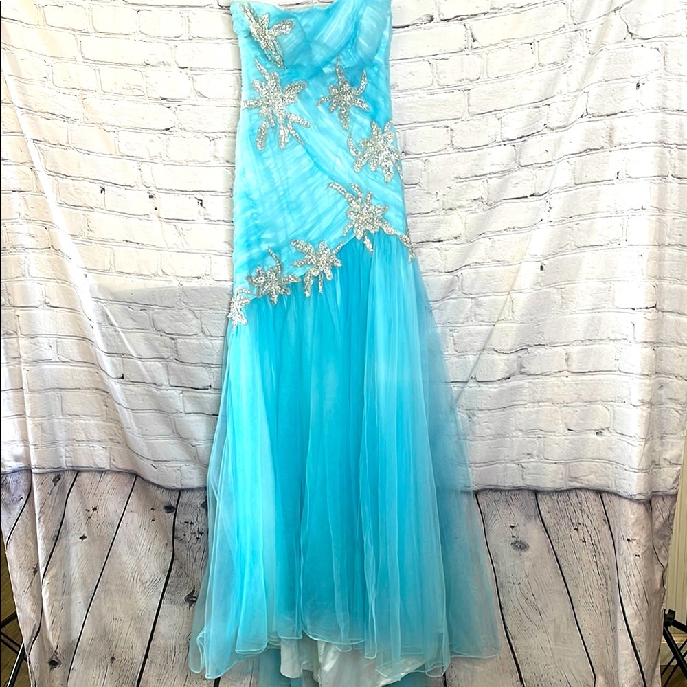 Sherri Hill Blue Silver Strapless Tulle Evening Gown Prom Dress Size 4